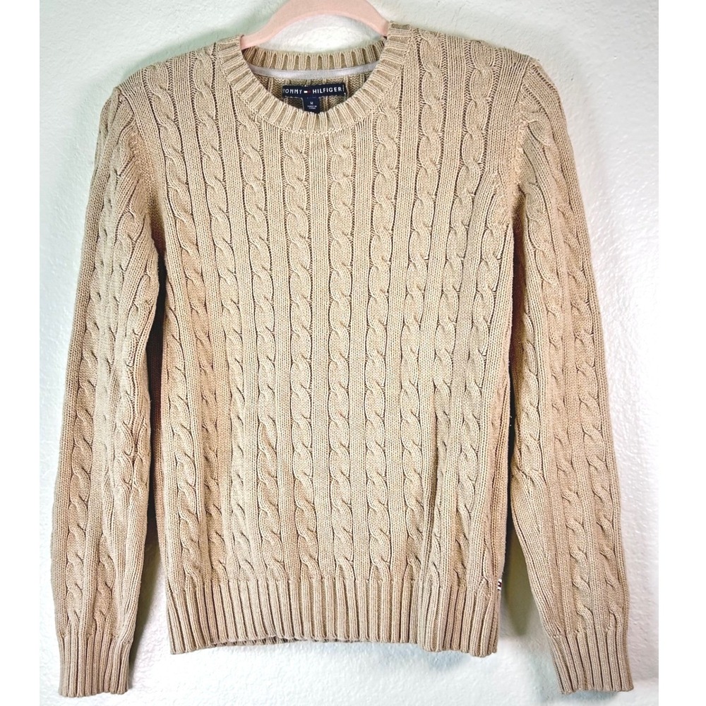 Tommy Hilfiger Preppy Timeless Tan Beige Cable Knit Cotton Crew Neck Sweater M